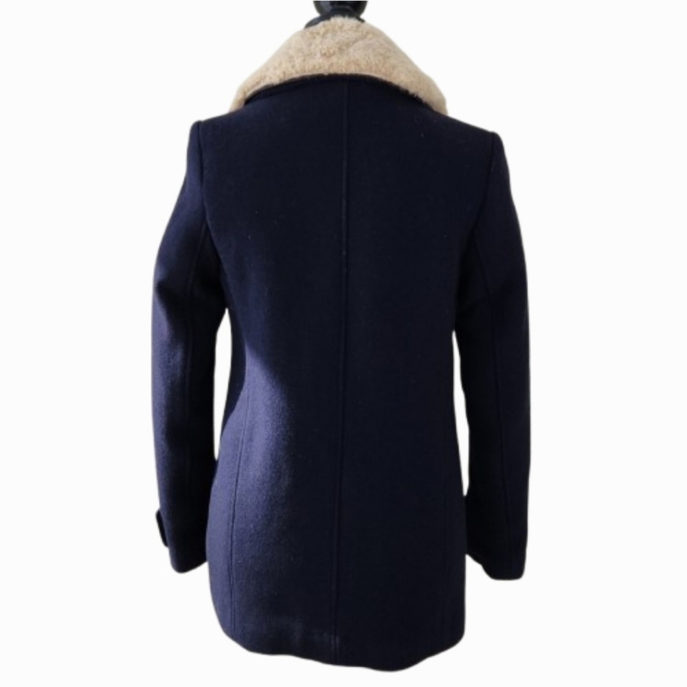 ZARA Trafaluc Outerwear Navy Wool Double-breasted Coat Faux Fur Collar (S) - Picture 3 of 16